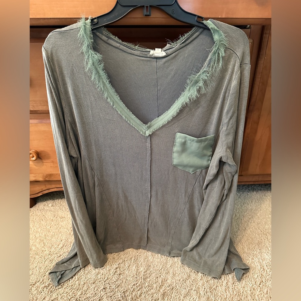 POL Gray Mineral Washed Olive Top